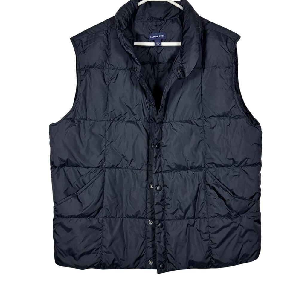 Lands' End Down Feather Puffer Vest Men's Large 42-44 Black Snap Button